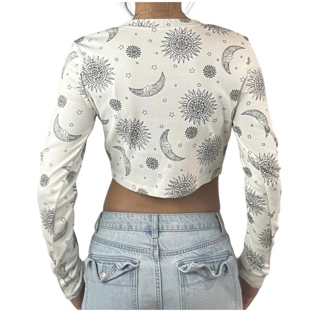Women's Sz M Top Black Boho Ribbed Sz M Boho Moon Sun Indie Crop White Festival